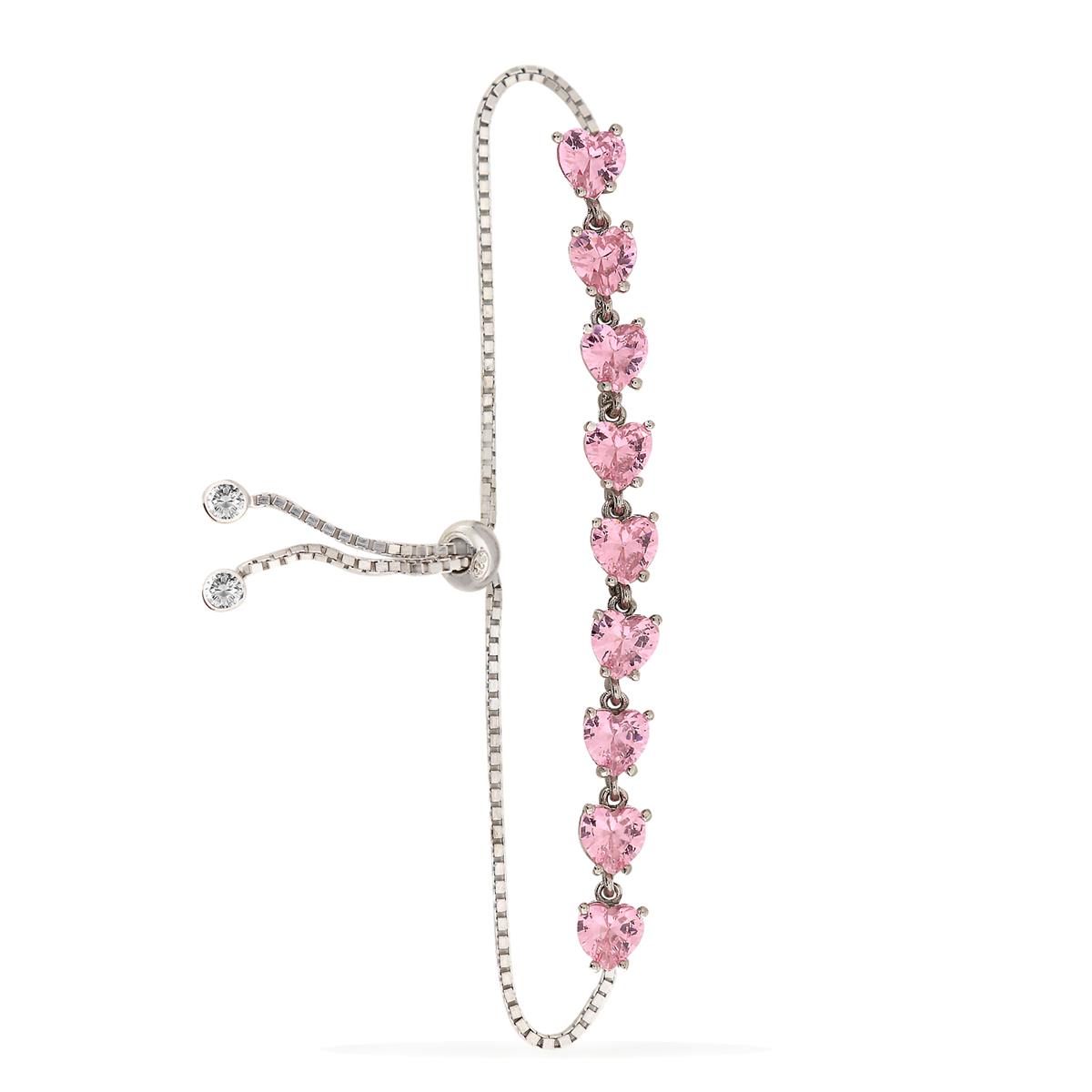 925 Ayar Gümüş Su Yolu Pembe Taşlı Asansörlü Kalp Bileklik