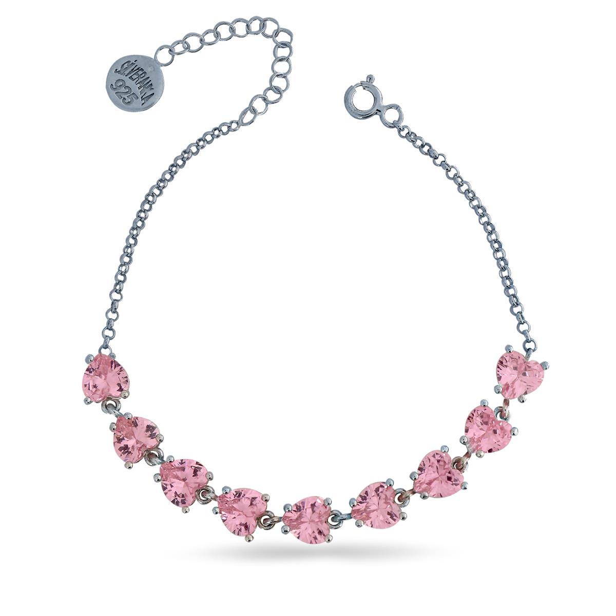 925 Ayar Gümüş Su Yolu Pembe Taşlı Kalp Bileklik