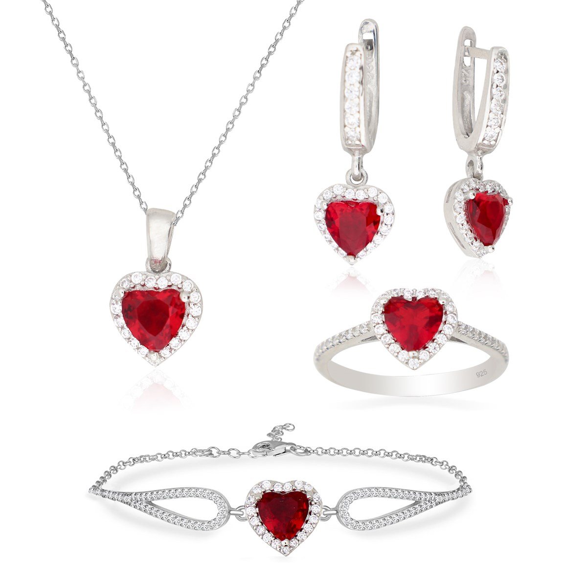 925 Ayar Gümüş Swarovski Kırmızı Kalp Takı Seti