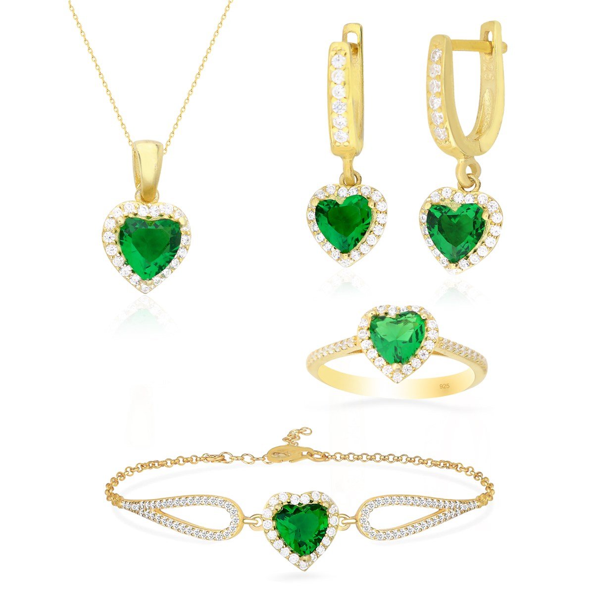 925 Ayar Gümüş Swarovski Zümrüt Kalp Takı Seti