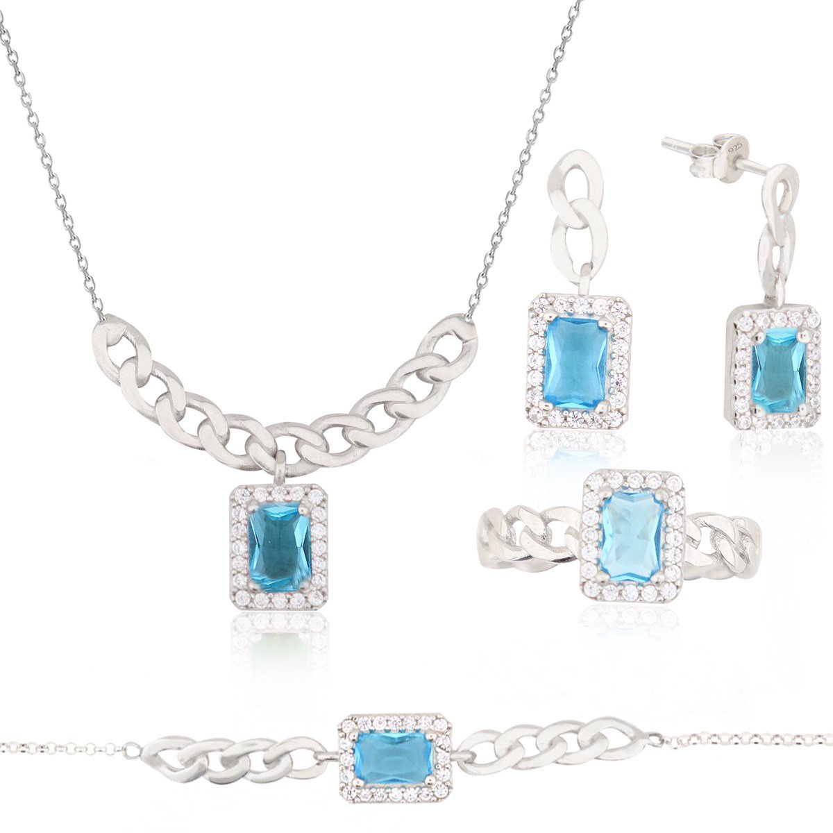 925 Ayar Gümüş Turkuaz Baget Takı Seti Zincir Detay