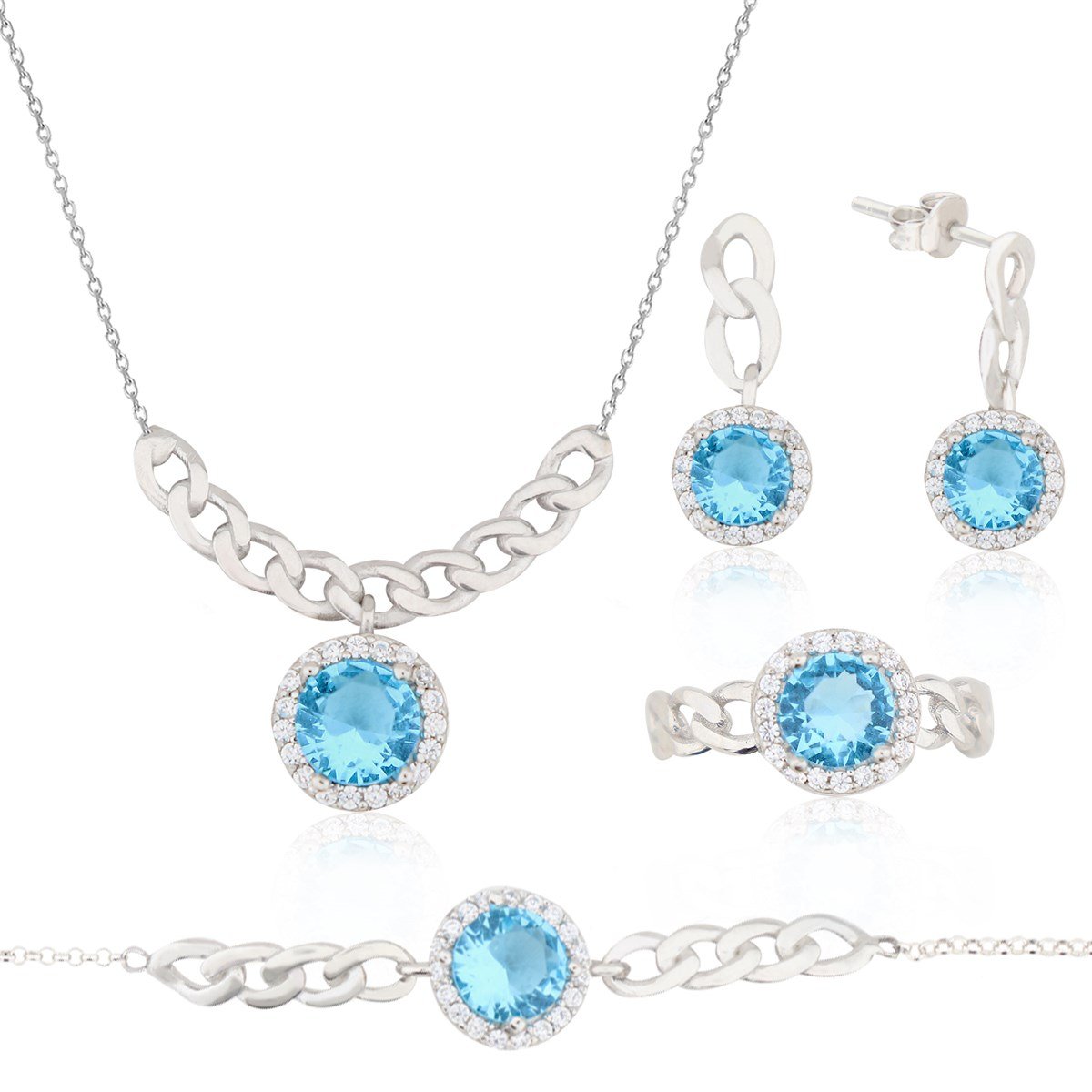 925 Ayar Gümüş Turkuaz Taş Takı Seti Zincir Detay