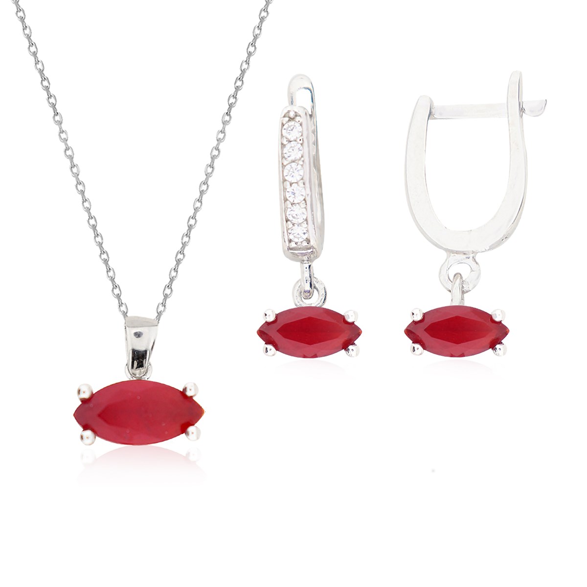 925 Ayar Gümüş Yakut Kırmızısı Markiz Model Takı Seti