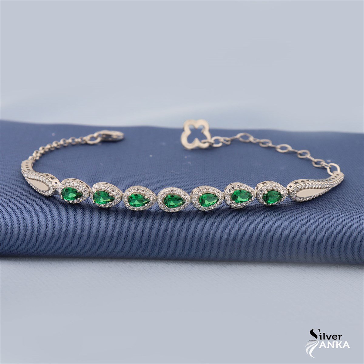925 Ayar Gümüş Yeşil Damla Desen Bilekilk