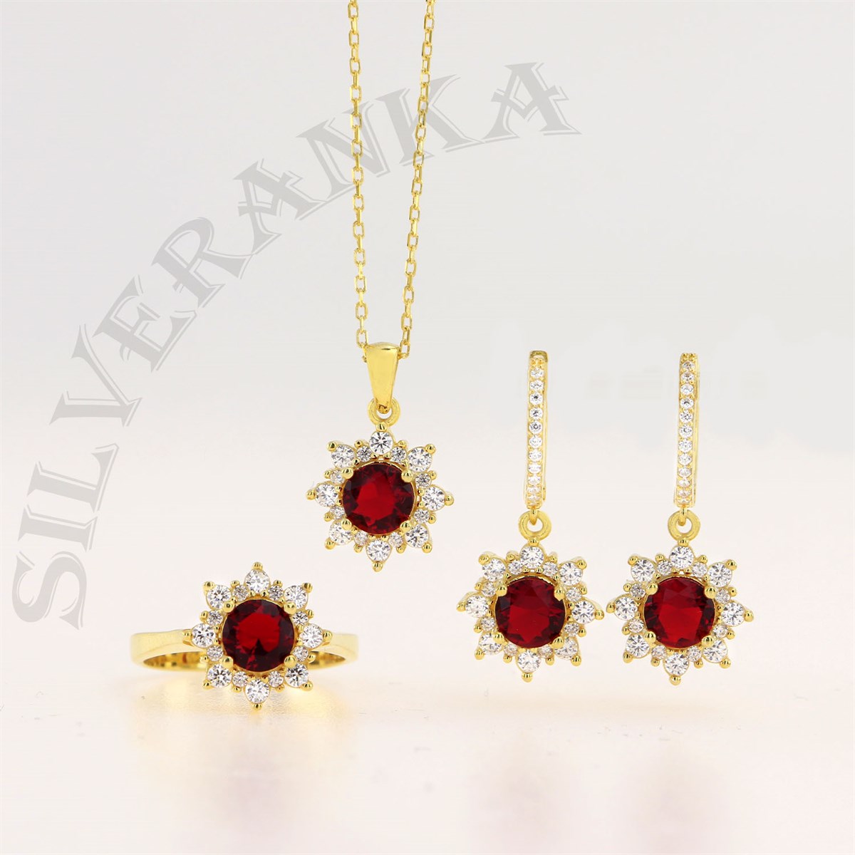 925 Ayar Gümüş Yuvarlak Kırmızı Taşlı Gold Anturaj Set