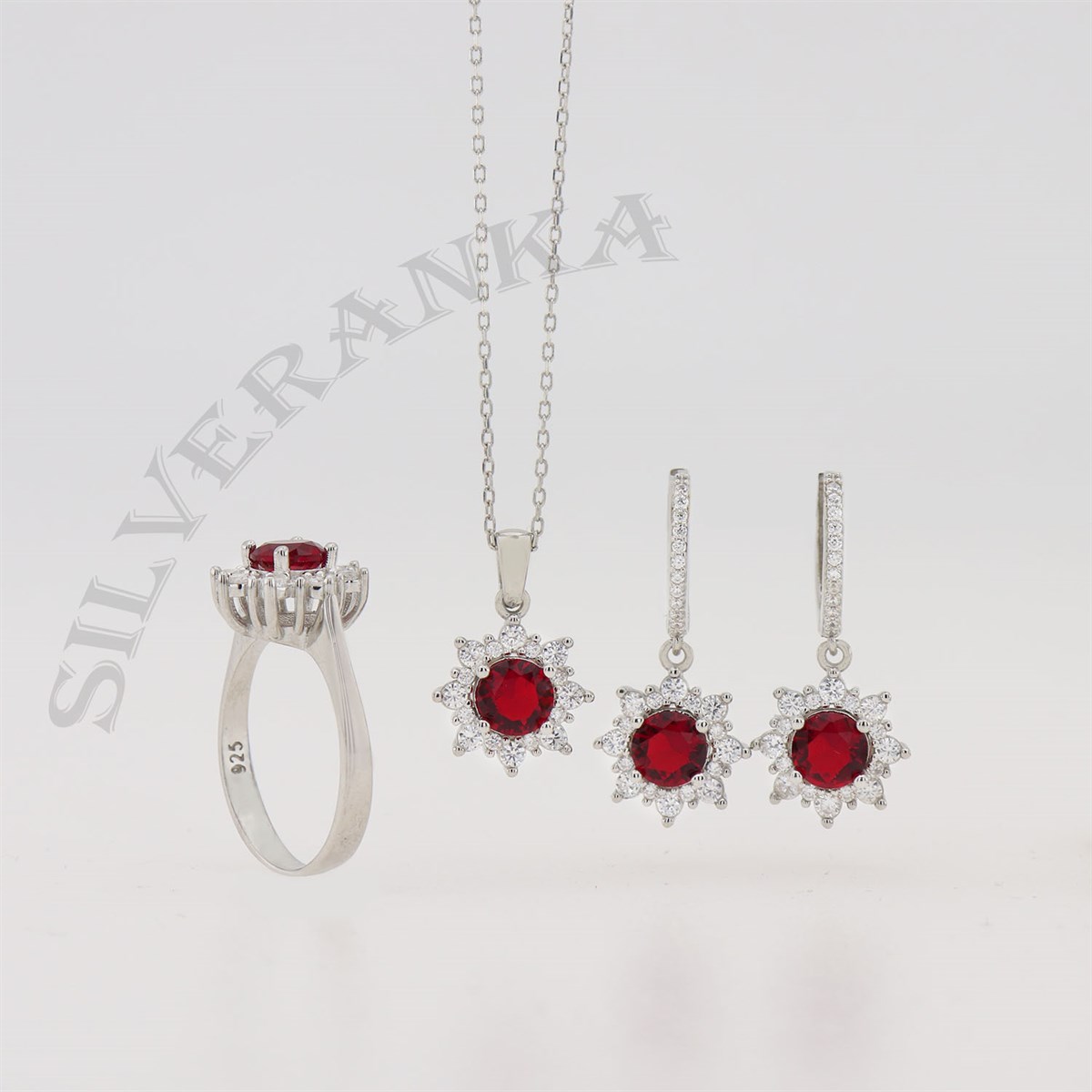 925 Ayar Gümüş Yuvarlak Kırmızı Taşlı Anturaj Set 