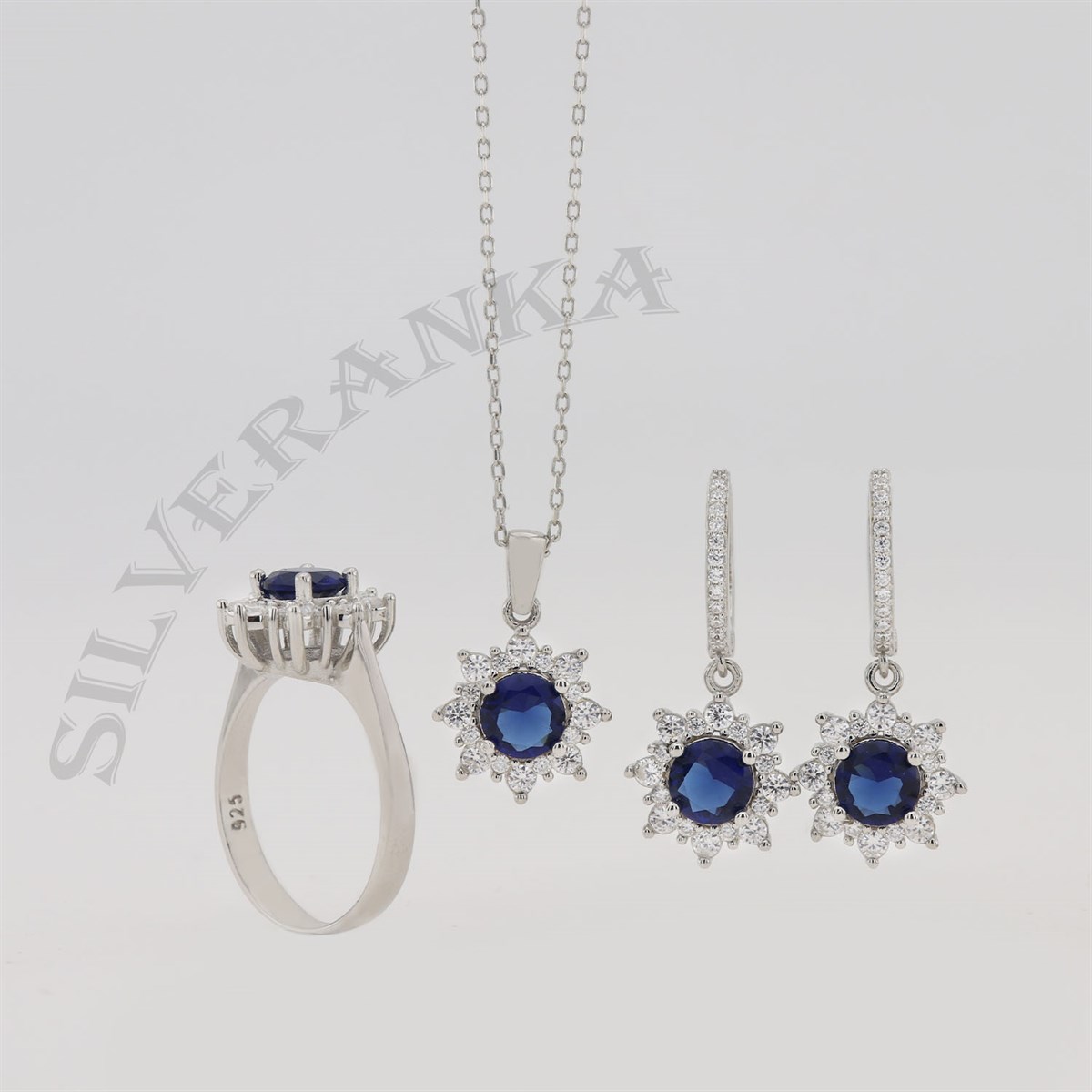 925 Ayar Gümüş Yuvarlak Safir Taşlı Anturaj Set