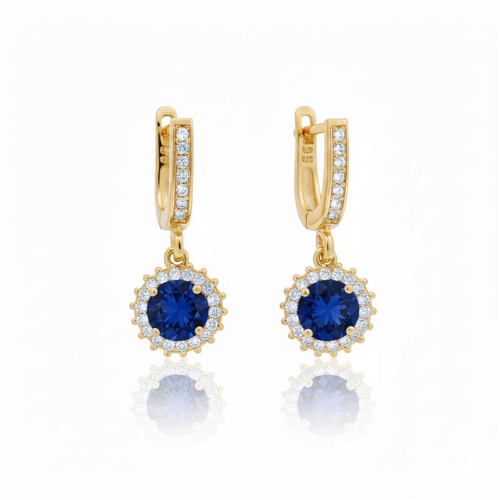925 Ayar Gümüş Yuvarlak Safir Taşlı Anturaj Küpe
