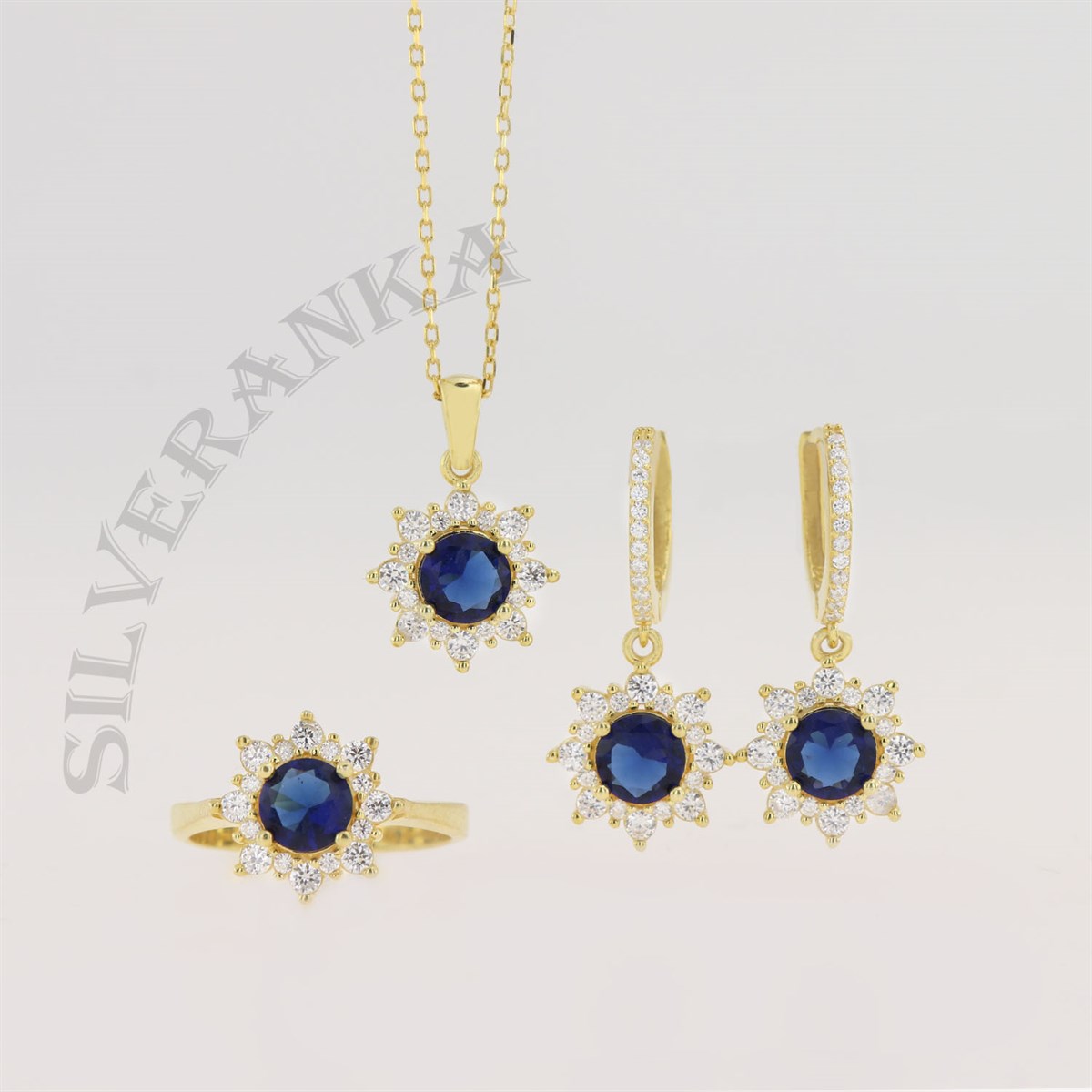 925 Ayar gümüş Yuvarlak Safir Taşlı Gold Anturaj Set