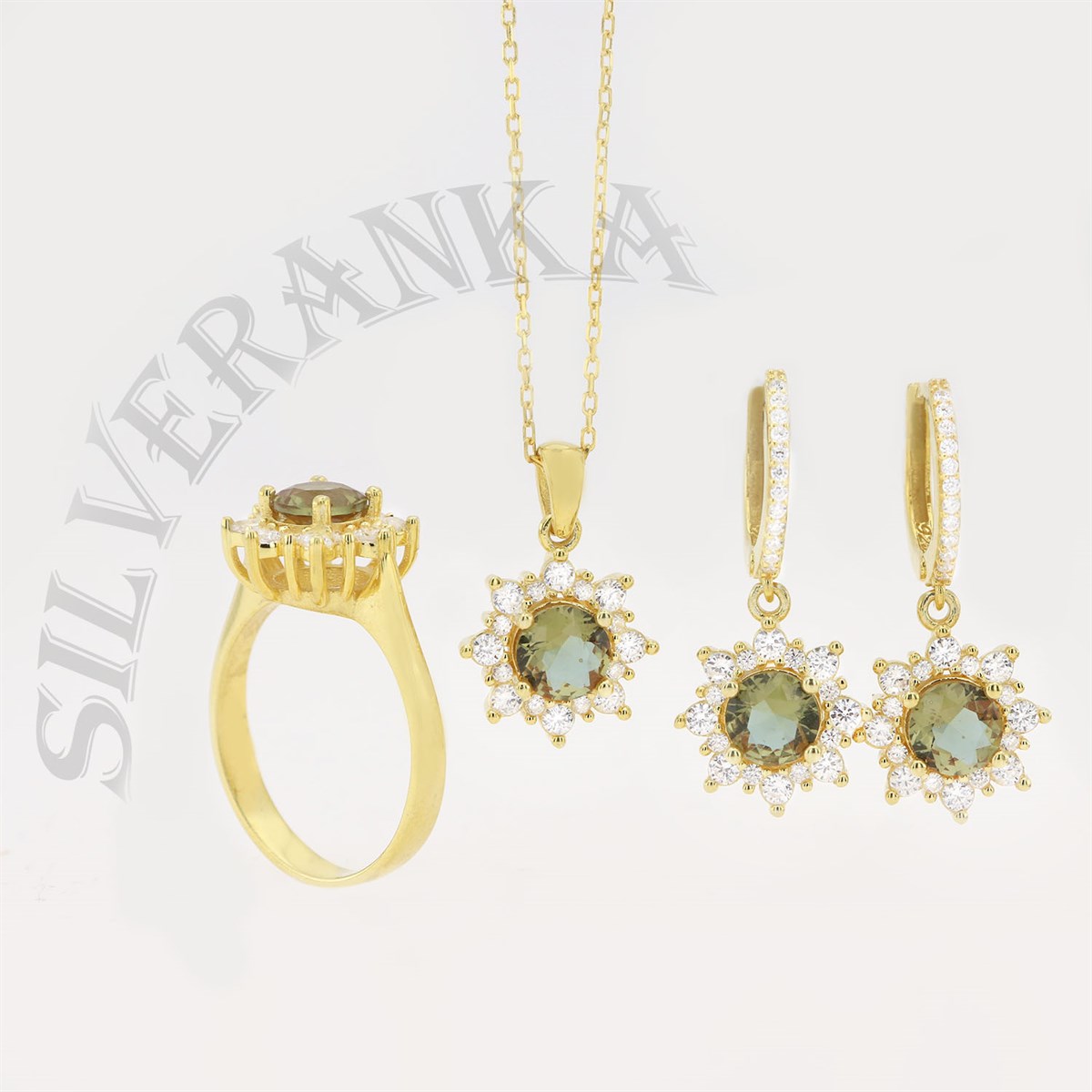 925 Ayar Gümüş Yuvarlak Zultanıt Taşlı Gold Anturaj Set