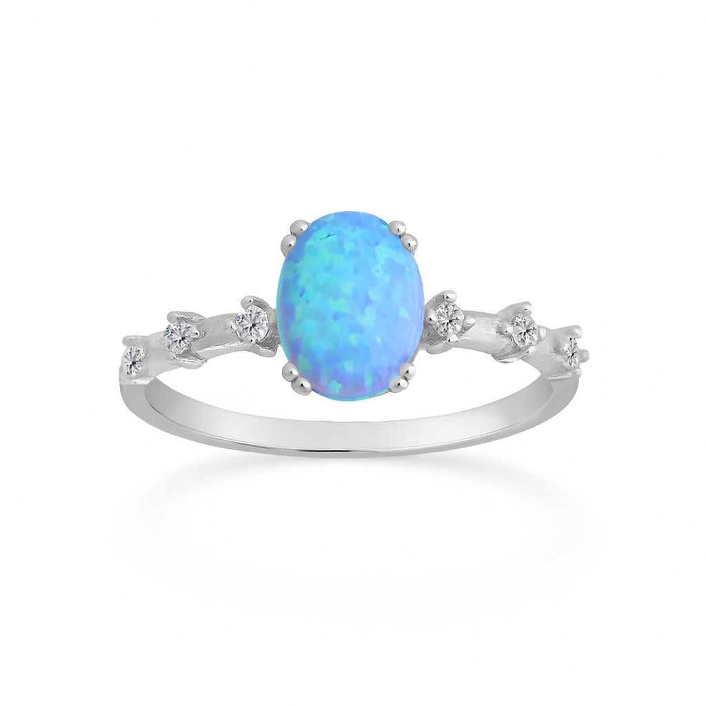 925 Ayar Gümüş Yüzük Oval Mavi Opal Taş Vintage Yüzük