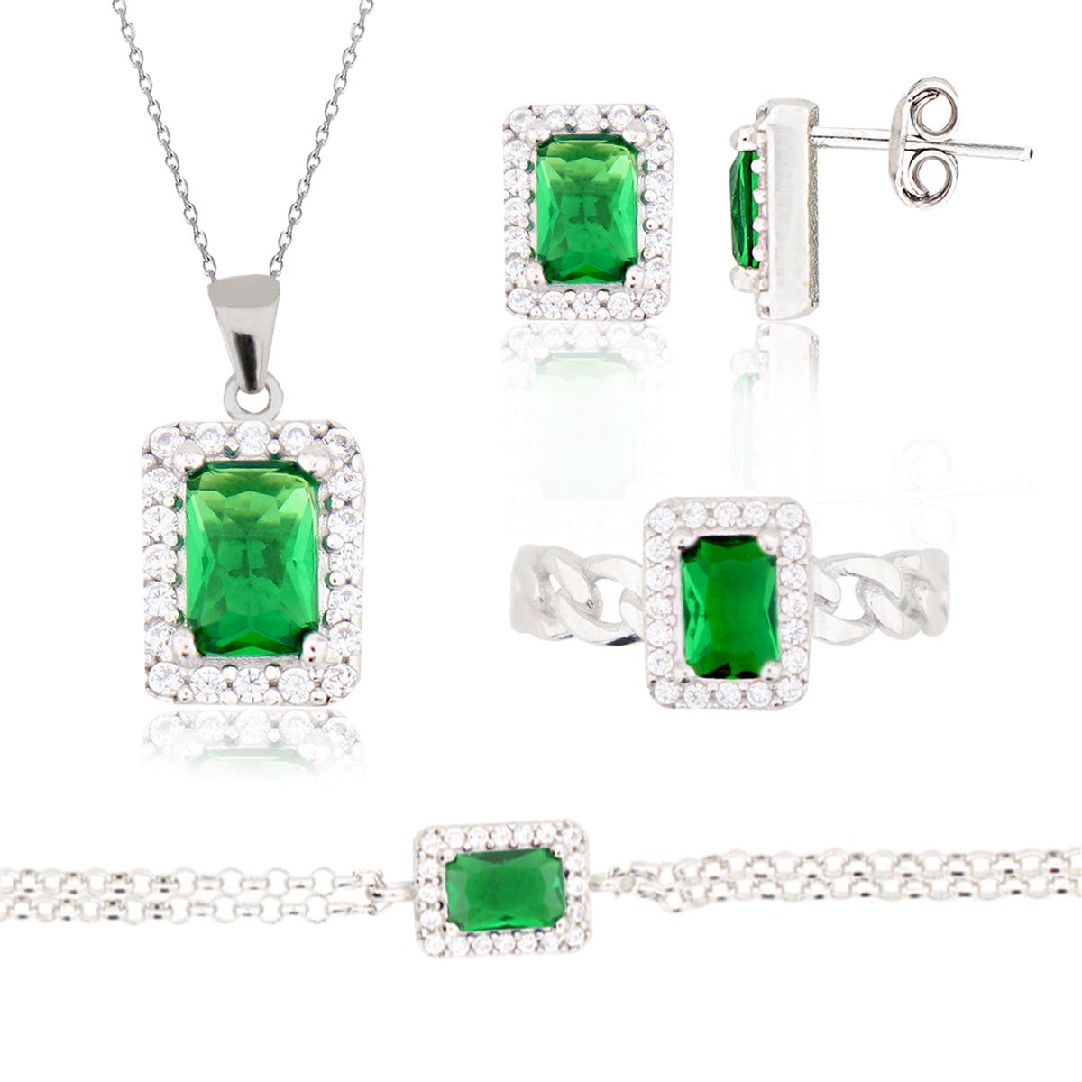 925 Ayar Gümüş Zümrüt Baget Takı Seti