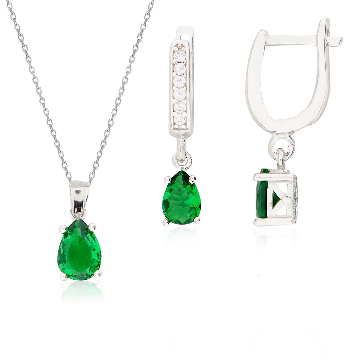 925 Ayar Gümüş Zümrüt Damla Taş Takı Seti
