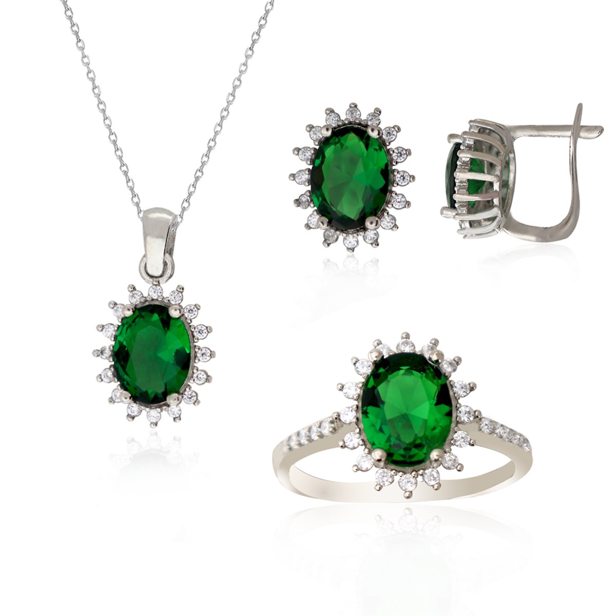 925 Ayar Gümüş Zümrüt Oval Taşlı Yüzük