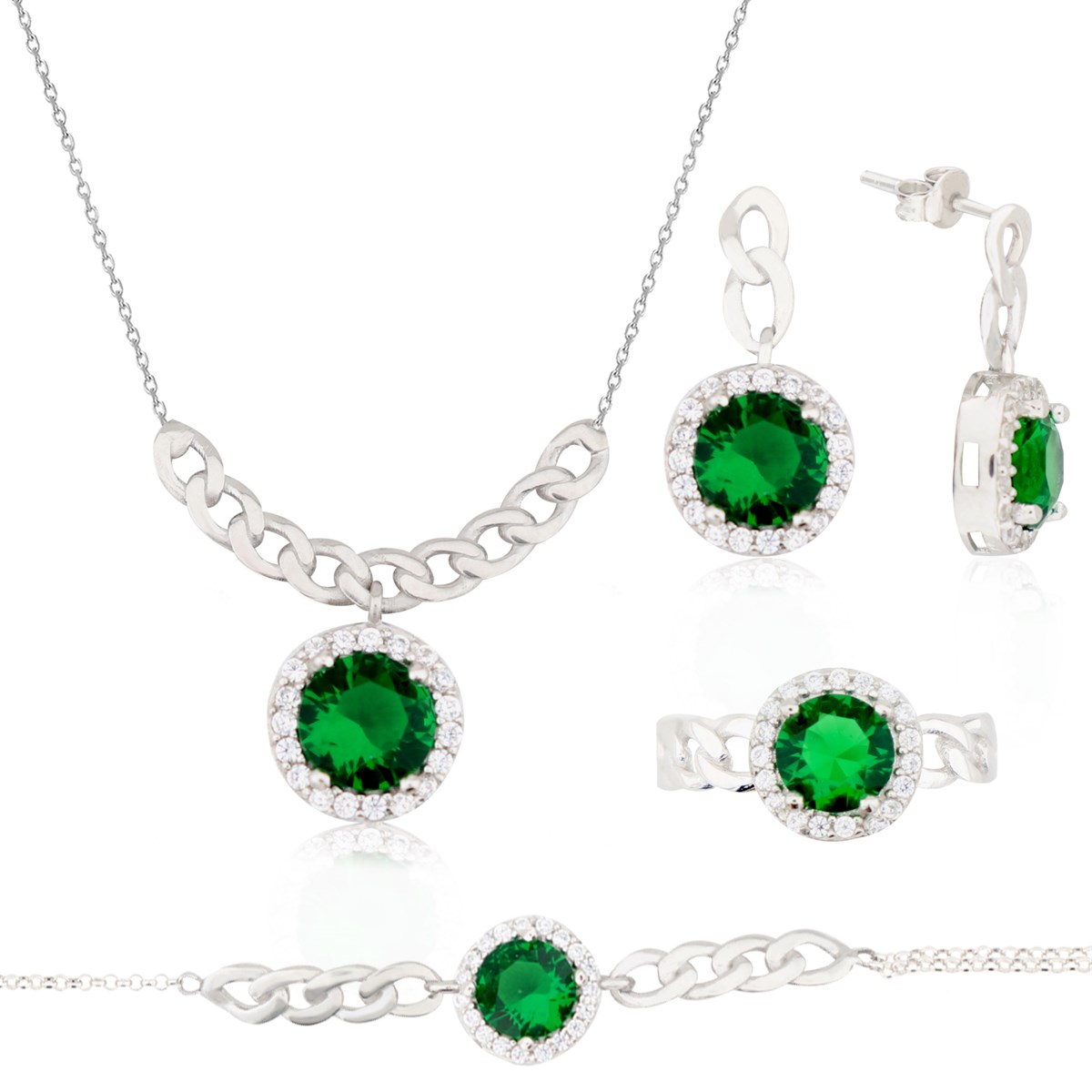 925 Ayar Gümüş Zümrüt Takı Seti Zincir Detay