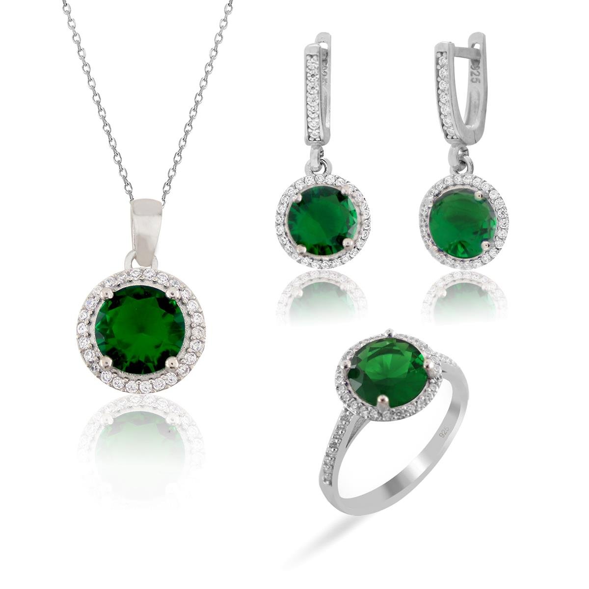 925 Ayar Gümüş Zümrüt Yuvarlak Taşlı Takı Seti