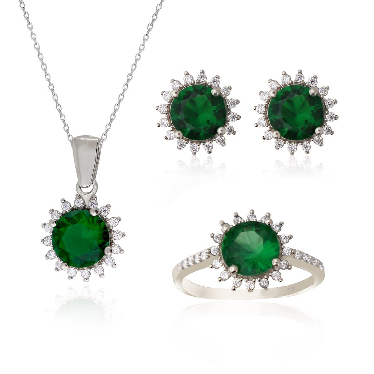 925 Ayar Gümüş Zümrüt Yuvarlak Taşlı Takı Seti