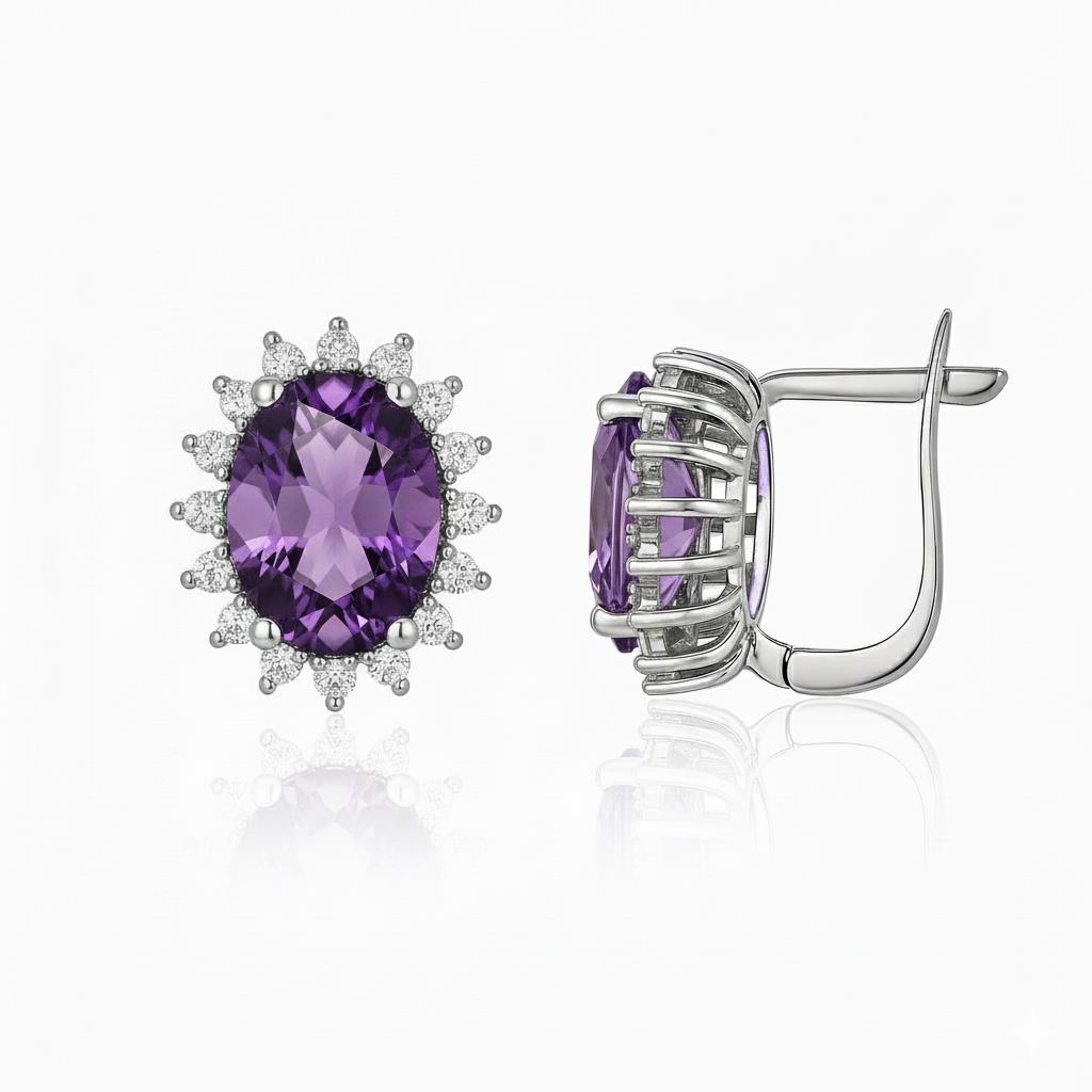 925 Ayar Rodyumlu Ametist Oval Taş Gümüş Küpe