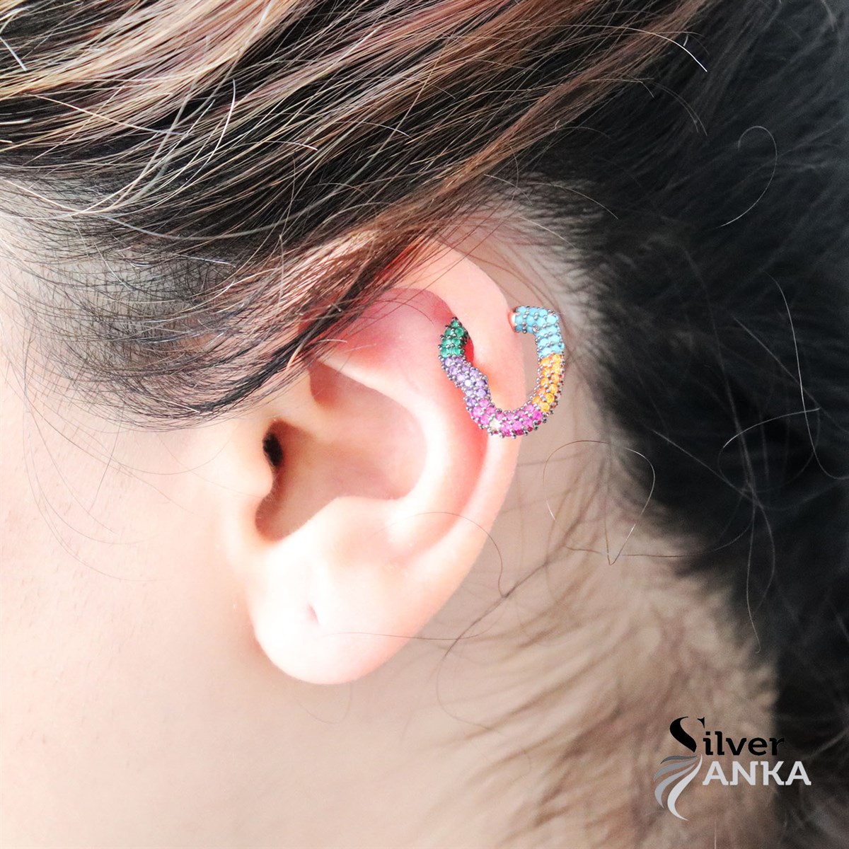 925 Ayar Zirkon Mix Taşlı Kıkırdak Küpe