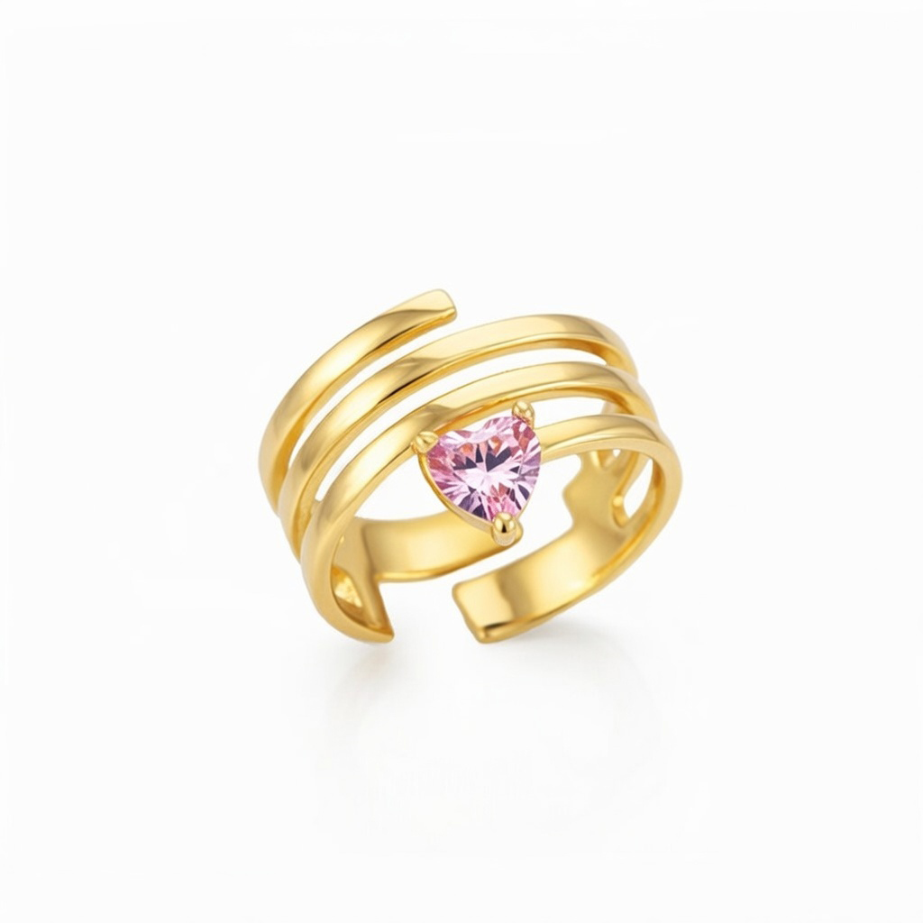 Altın Kaplama Pembe Kalp Taşlı Spiral Yüzük