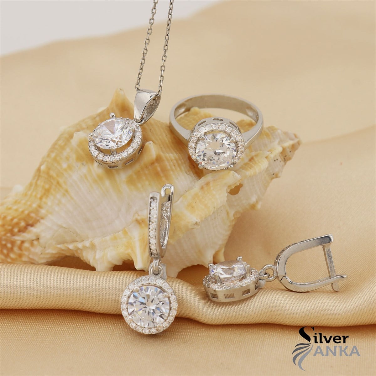 Zirkon Taşlı 925 Ayar  Yuvarlak Desen Set