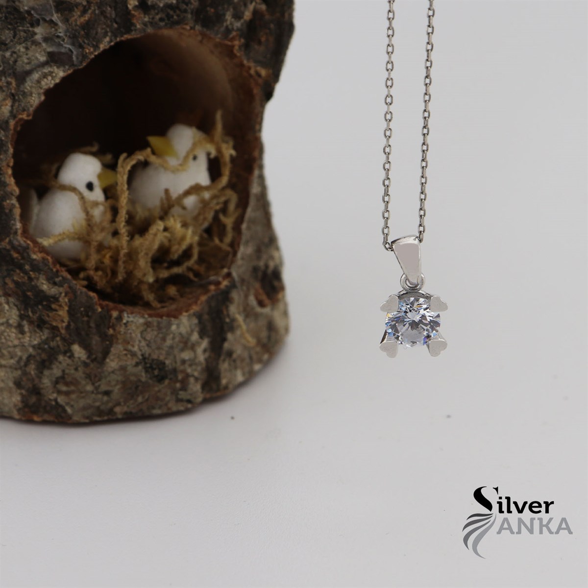 Zirkon Taşlı 925 Ayar Kalp Desen Tek Taş Kolye