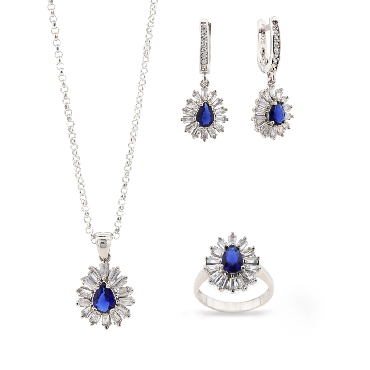 Zirkon Renkli Taşlı Set 925 Ayar Gümüş Takı