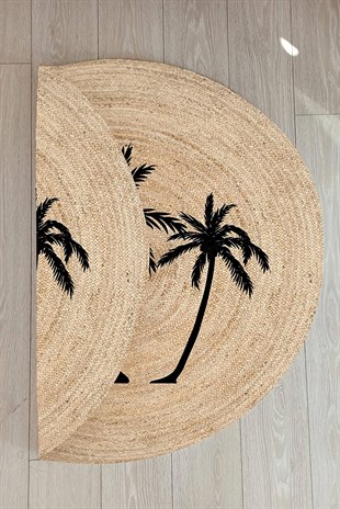 Palmiye Desenli Yuvarlak Jüt Örme Doğal Hasır Kilim