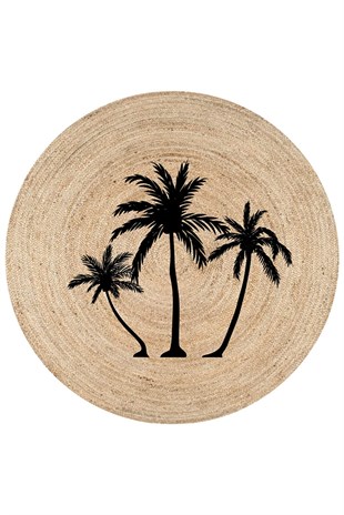 Palmiye Desenli Yuvarlak Jüt Örme Doğal Hasır Kilim