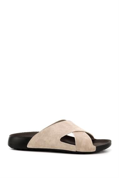 Mens Beige Cross-Strap Slippers