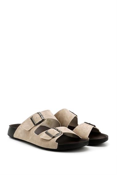 Mens Beige Buckled Slippers