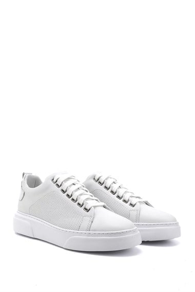 Mens White Lace-Up Genuine Leather Sneaker