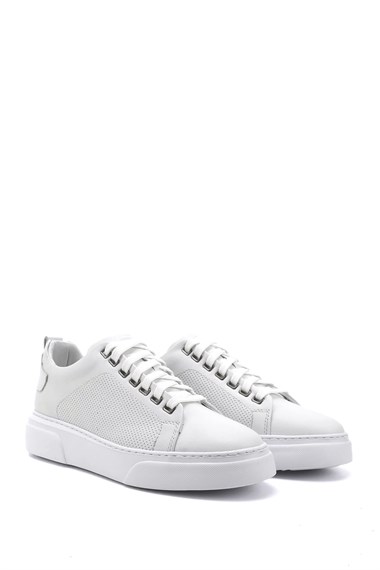 Erkek Beyaz Bağcıklı Hakiki Deri Sneaker