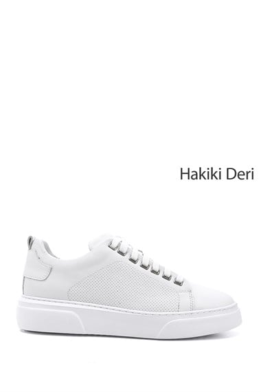 Erkek Beyaz Bağcıklı Hakiki Deri Sneaker