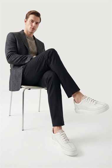 Mens White Lace-Up Rubber Sole Genuine Leather Sneakers