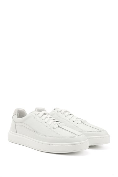 Mens White Lace-Up Rubber Sole Genuine Leather Sneakers