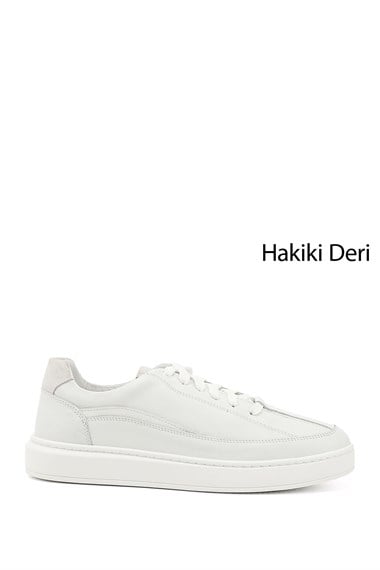 Mens White Lace-Up Rubber Sole Genuine Leather Sneakers