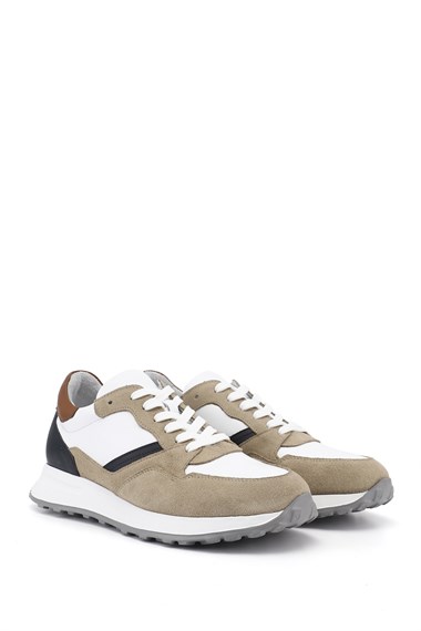 Erkek Beyaza Bej Süet Bağcıklı Hakiki Deri Comfort Sneaker