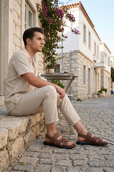 Erkek Ceviz Hakiki Deri Comfort Sandalet