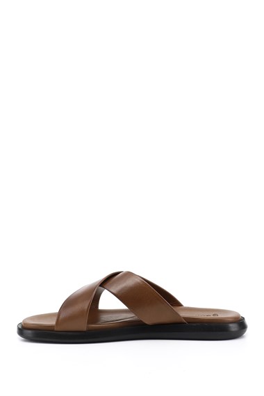 Mens Walnut Cross-Strap Genuine Leather Slippers