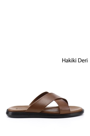 Mens Walnut Cross-Strap Genuine Leather Slippers
