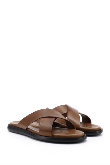 Mens Walnut Cross-Strap Genuine Leather Slippers
