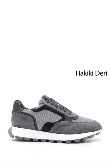 Mens Gray Lace-Up Genuine Leather Sneakers