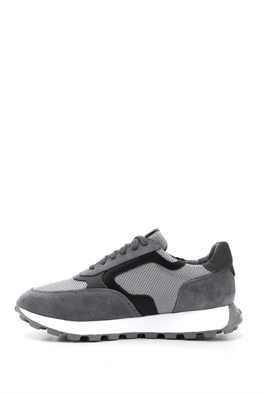 Mens Gray Lace-Up Genuine Leather Sneakers