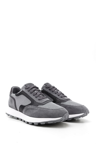 Mens Gray Lace-Up Genuine Leather Sneakers