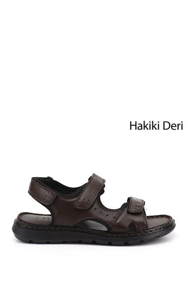 Mens Brown Adjustable Velcro Strap Genuine Leather Sandals
