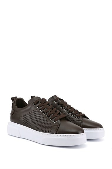 Erkek Kahverengi Bağcıklı Hakiki Deri Sneaker