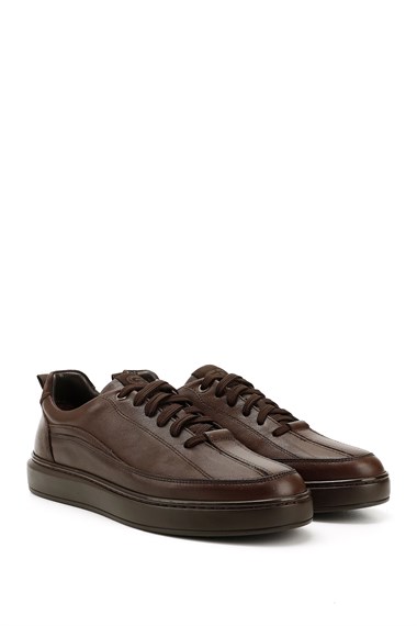 Erkek Kahverengi Bağcıklı Kauçuk Taban Hakiki Deri Sneaker