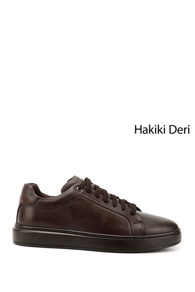 Erkek Kahverengi Bağcıklı Kauçuk Taban Hakiki Deri Sneaker