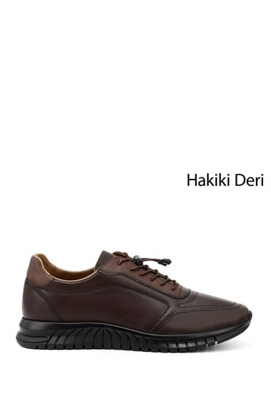 Erkek Kahverengi Bağcıklı Kauçuk Taban Hakiki Deri Sneaker